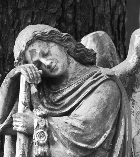 Skulptur eines nachdenklichen Engels mit gefalteten Händen, umgeben von Efeu und einer Baumrinde im Hintergrund.